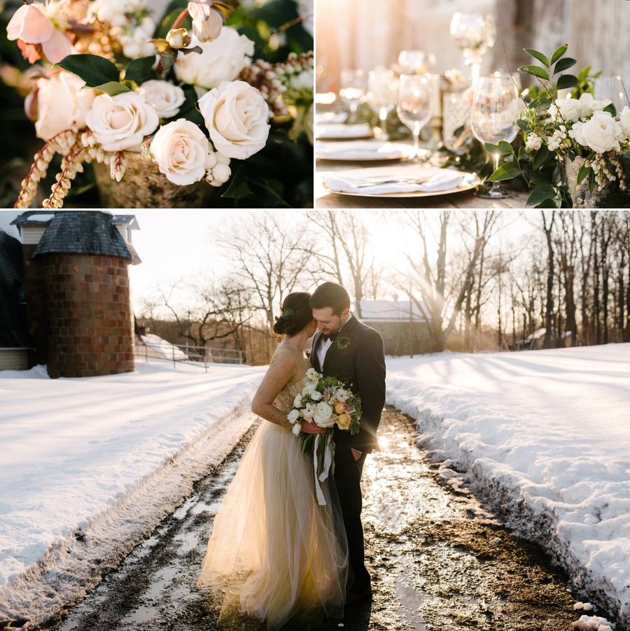 winter sunset on a snowy farm wedding bride and groom